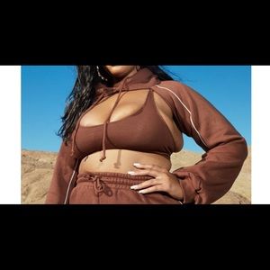 Plus Chocolate Sport Raw Edge Crop Hoodie & Sports Bra